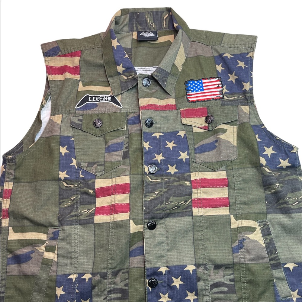 Diamond Stash Men's Sz 2XL VGUC Army Green Camouflage American Flag Patch Vest.